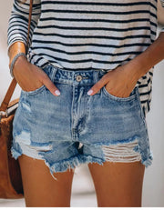 2025 Summer New Women's Ripped Denim Shorts Fashion High Elastic Tassel Straight Jeans Shorts Casual Sexy Ladies Shorts