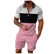 Contrast Color Men's Hawaii 3D Printed Polo Shirt and Shorts Set Casual Zip Up Top with Short Sleeves for Summer Fashion