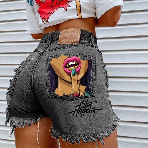 Denim Shorts for Women High Street Style with Red Lips Printed Jean Shorts Causal New Teeth Bite Bullet Pattern Summer Tassel Shorts