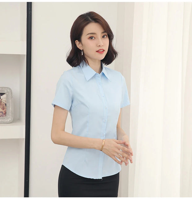 Summer Women's Office Lady Button Up White Slim Fit Basic Shirt Minimalist Short Sleeve Work Top for Women Clothing