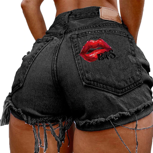 Denim Shorts for Women High Street Style with Red Lips Printed Jean Shorts Causal New Teeth Bite Bullet Pattern Summer Tassel Shorts