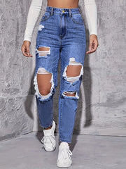 American Retro High-Waist Hole-Punched Women's Jeans Straight-Crotch Slim Fit Wide-Leg Design for High-Street Casual Wear