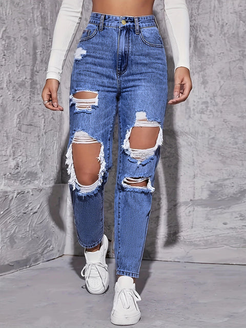 American Retro High-Waist Hole-Punched Women's Jeans Straight-Crotch Slim Fit Wide-Leg Design for High-Street Casual Wear