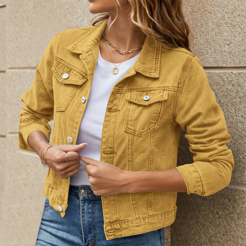 Women's Denim Jackets for Fashion Casual Long Sleeve Lapel Solid Single Button Chest Pocket Slim Fit Jean Coat for Fall Winter