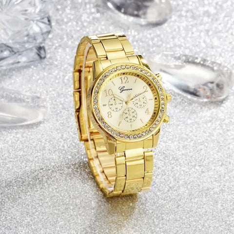 Gold Watch Women Luxury Set with Ring Necklace Earrings Rhinestone Fashion Wristwatch Female Casual Bracelet