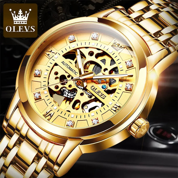 OLEVS Men's Luxury Sports Skeleton Luminous Automatic Watch Gold Steel Mechanical Wristwatch Waterproof Reloj Hombre