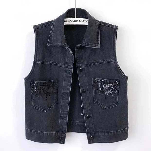 2024 Fashion Design Women's Denim Vest Sequins Waistcoat Korean Style Leeveless Jacket for Summer Autumn Season