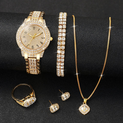 Full Diamond Fashion Women's Watch Set 6PCS Gold Steel Band Analog Quartz Jewelry Without Box