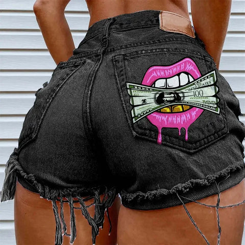 FAGADOER High Waisted Torn Denim Shorts for Women Casual Y2K Street Style with Eye Catching Printing Tassels