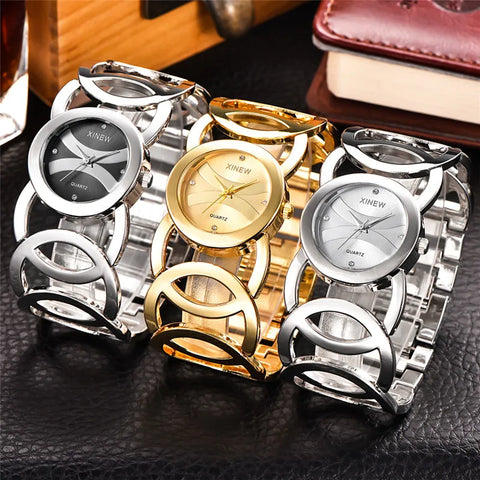 Women's Luxury Quartz Watch Original XINEW 6438 Casual Golden Bracelet Wristwatch Fashionable Feminine Relogios