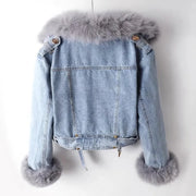 2024 Autumn Winter Women's Denim Jacket with Detachable Faux Fox Rabbit Fur Lining Short Top for Cold Weather Parker Outwear