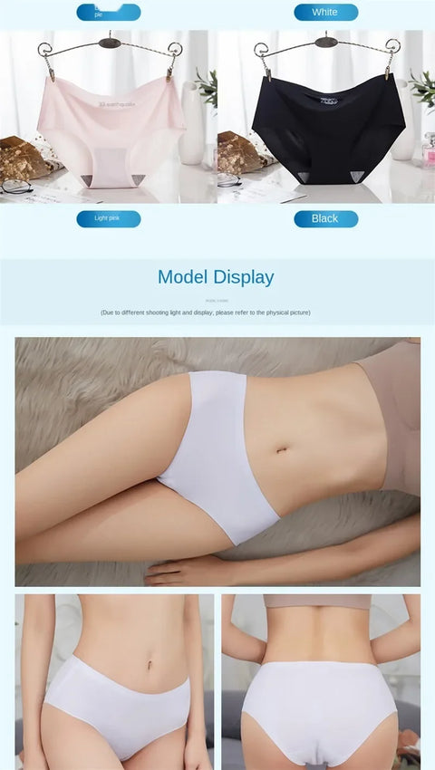 Women's Sexy  Panties Ladies Underwear Female  Seamless Ice Silk  Solid Briefs  Mid-Waist  Comfortable  Breathable G String