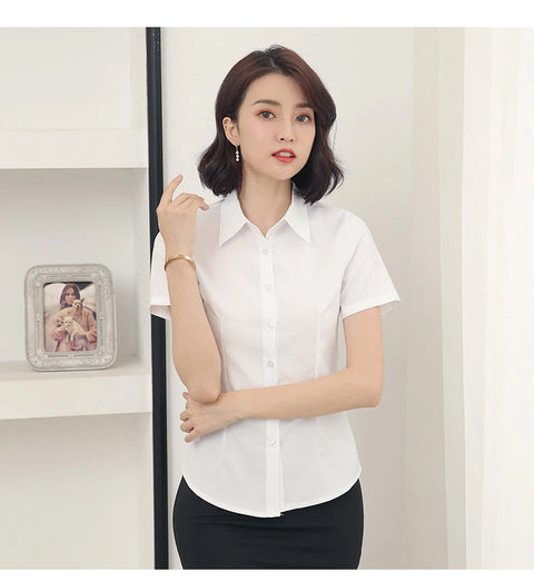 Summer Women's Office Lady Button Up White Slim Fit Basic Shirt Minimalist Short Sleeve Work Top for Women Clothing