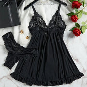 Exquisite Tulle Suspenders Lace V-Neck Nightgown Set for Women Semi-transparent Thong Underwear with Eye-catching Design