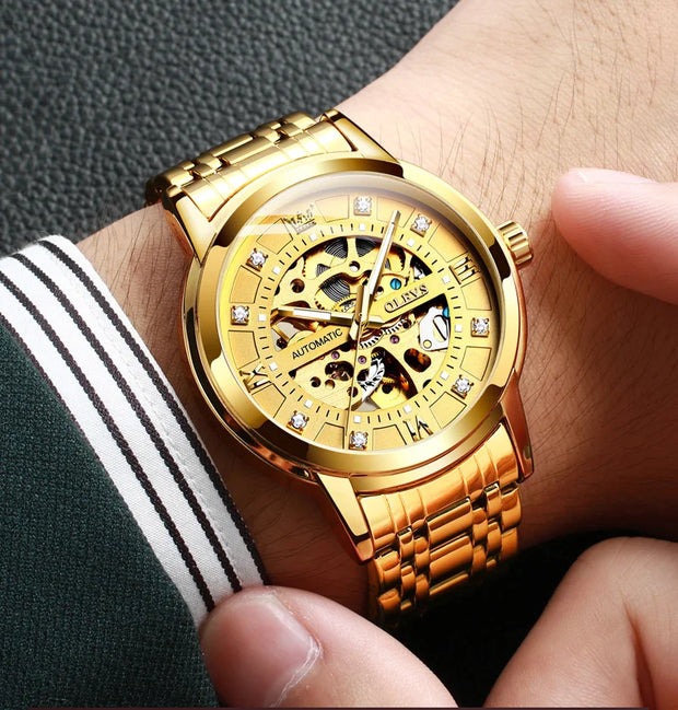 OLEVS Men's Luxury Sports Skeleton Luminous Automatic Watch Gold Steel Mechanical Wristwatch Waterproof Reloj Hombre