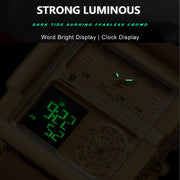 Luxury Men's Quartz Wristwatch Multifunctional Digital Watch with Rectangle Waterproof Luminous Hour and Day Week Display