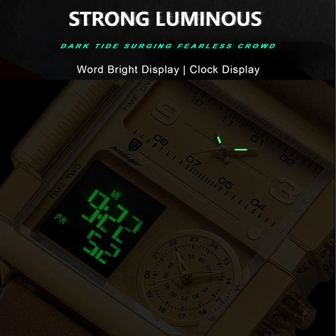 Luxury Men's Quartz Wristwatch Multifunctional Digital Watch with Rectangle Waterproof Luminous Hour and Day Week Display