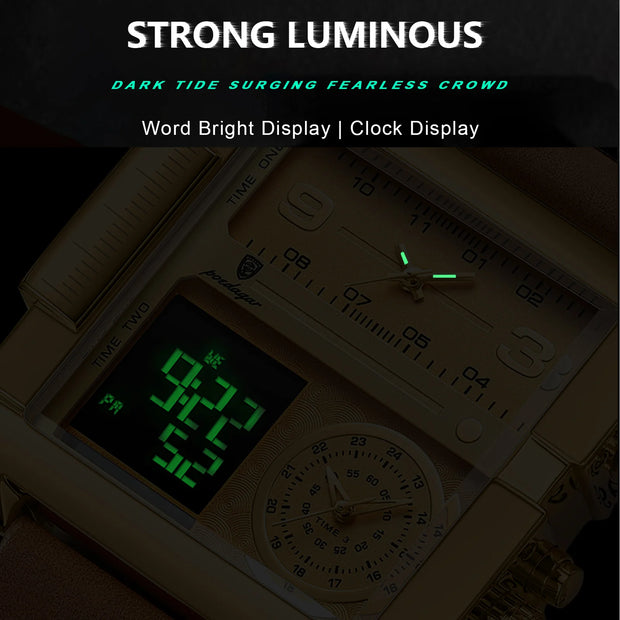 Luxury Men's Quartz Wristwatch Multifunctional Digital Watch with Rectangle Waterproof Luminous Hour and Day Week Display