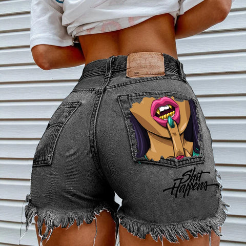 Denim Shorts for Women High Street Style with Red Lips Printed Jean Shorts Causal New Teeth Bite Bullet Pattern Summer Tassel Shorts