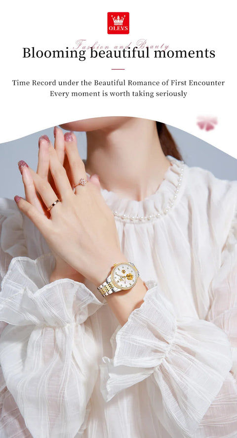 OLEVS 6706 Automatic Mechanical Wristwatch for Women Luxury Flower Diamond Dial Waterproof Ladies Hand Clock