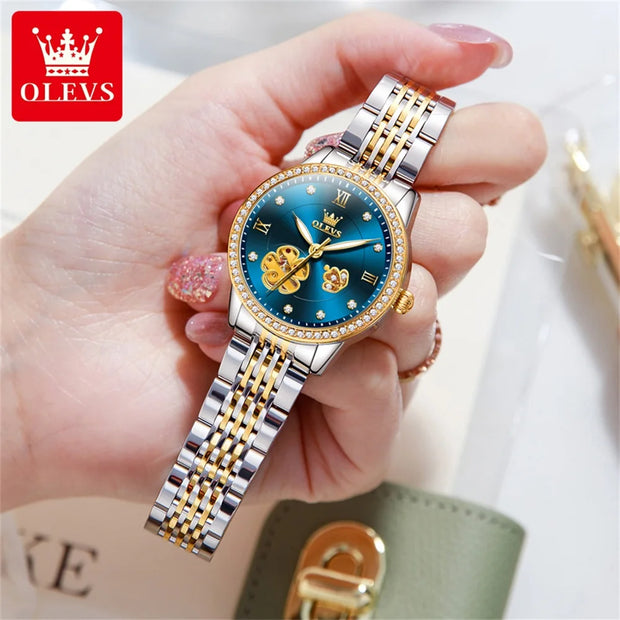 OLEVS 6706 Automatic Mechanical Wristwatch for Women Luxury Flower Diamond Dial Waterproof Ladies Hand Clock