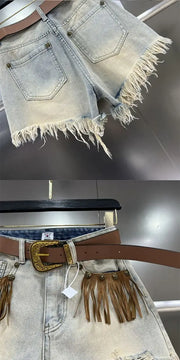 Hot girl fringe, frayed edge, ripped hole jeans, women's summer 2024 new retro slimming wide leg short pants