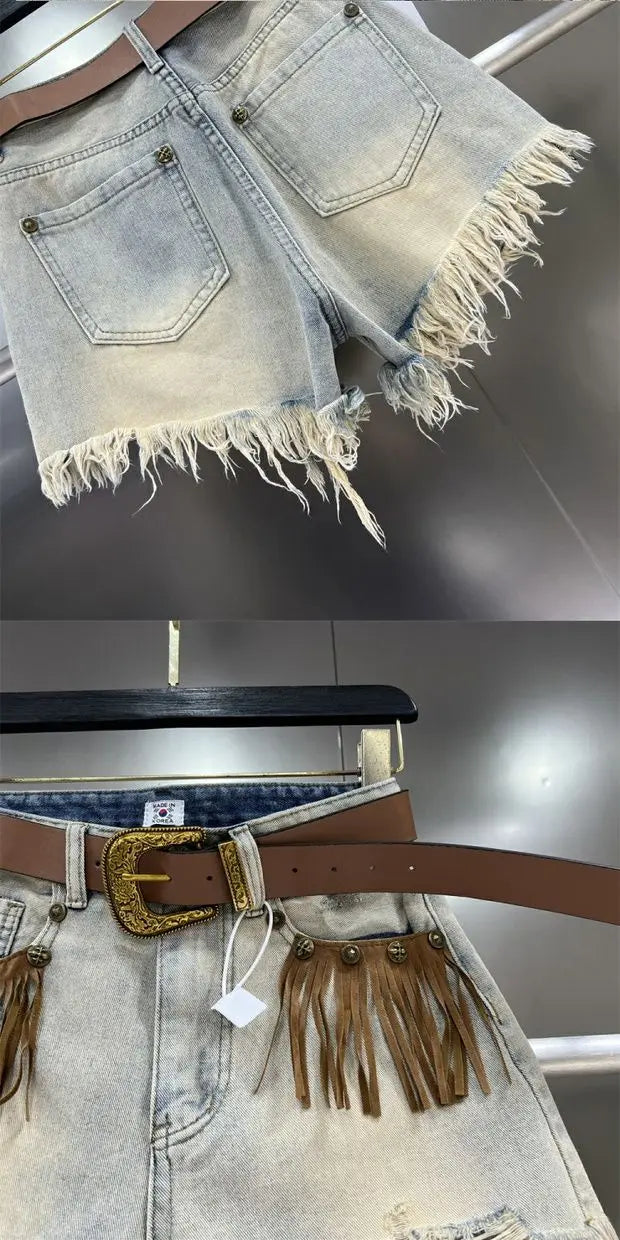 Hot girl fringe, frayed edge, ripped hole jeans, women's summer 2024 new retro slimming wide leg short pants