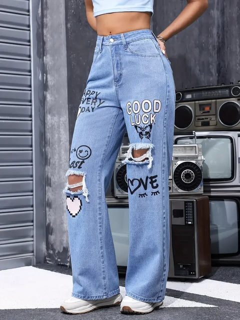 Chic Ripped Jeans for Women Fashion Casual High Waist Button Up Butterfly Print Straight Pants Perfect for Spring Summer 2024