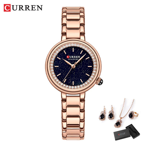 Luxury Stainless Steel Quartz Wristwatch for Women with Rhinestones Elegant Ladies Watch Gift Jewelry Set 5pcs