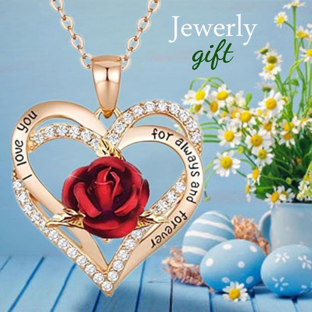 Fashion Women Heart Rose Necklace Cross Heart Bow Pendant Engagement Necklace for Women Flower Jewelry Birthday Anniversary Gift