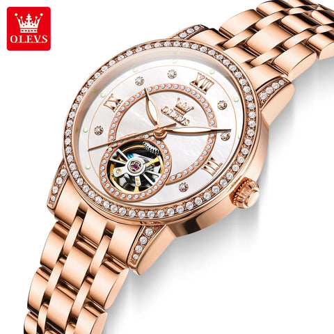 OLEVS 7036 Automatic Mechanical Wrist Watch for Women with Elegant Steel Strap Skeleton Starry Sky Diamond Bezel