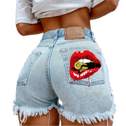 Denim Shorts for Women High Street Style with Red Lips Printed Jean Shorts Causal New Teeth Bite Bullet Pattern Summer Tassel Shorts