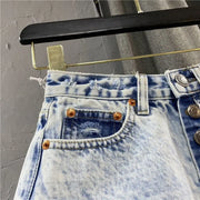 Single Breasted A-line Denim Wide Leg Shorts for Women's Summer High Waisted Fringed Fur Edge Washed Jeans Shorts