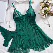 Exquisite Tulle Suspenders Lace V-Neck Nightgown Set for Women Semi-transparent Thong Underwear with Eye-catching Design