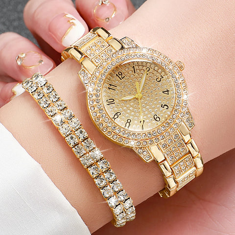 Full Diamond Fashion Women's Watch Set 6PCS Gold Steel Band Analog Quartz Jewelry Without Box