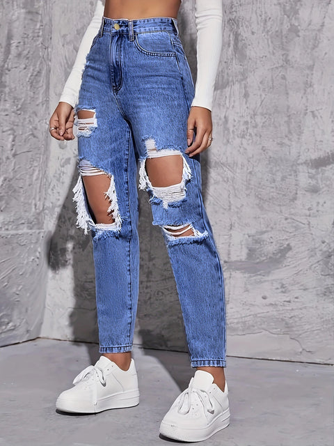 American Retro High-Waist Hole-Punched Women's Jeans Straight-Crotch Slim Fit Wide-Leg Design for High-Street Casual Wear