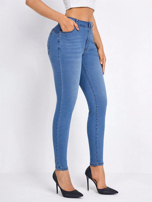 Benuynffy Stretch Mid Waisted Jeans for Women Fashionable Slim Fit Denim Trousers Sexy Streetwear Pencil Pants for Spring Summer