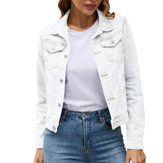 Women's Denim Jackets for Fashion Casual Long Sleeve Lapel Solid Single Button Chest Pocket Slim Fit Jean Coat for Fall Winter