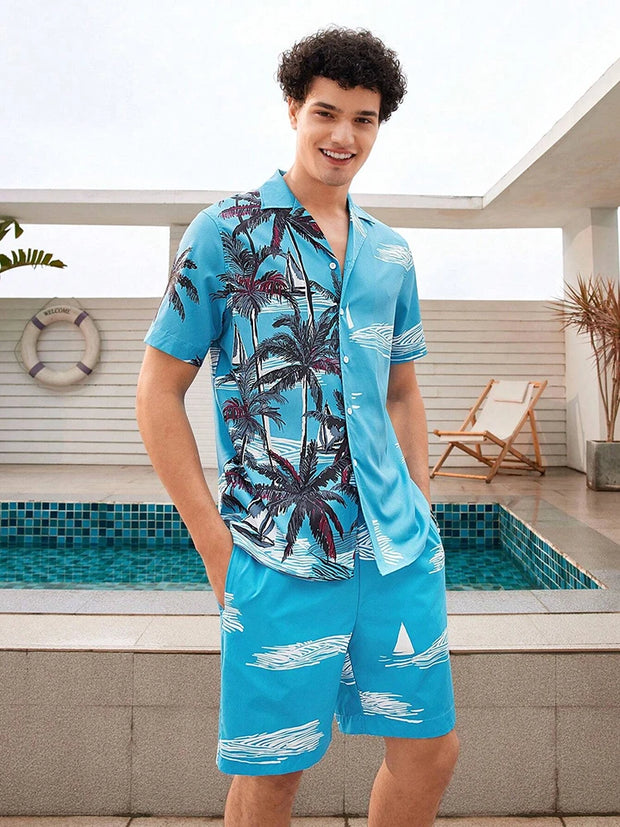 Casual Men's Short-Sleeved Shirt and Beach Shorts Set for Hawaiian Vacation Eye-Catching Design That Keeps Shorts Cool