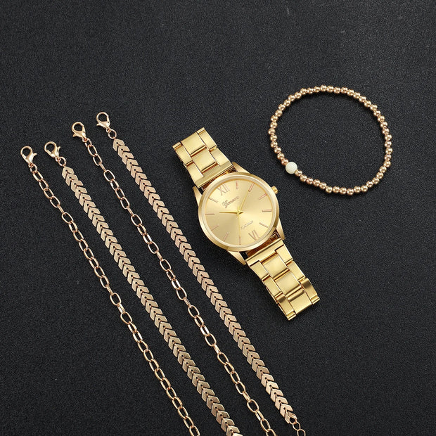 Fashionable Women's Quartz Watch 6PCS Set with Gold Steel Band Unisex Bracelets Style for Casual and Business Wear