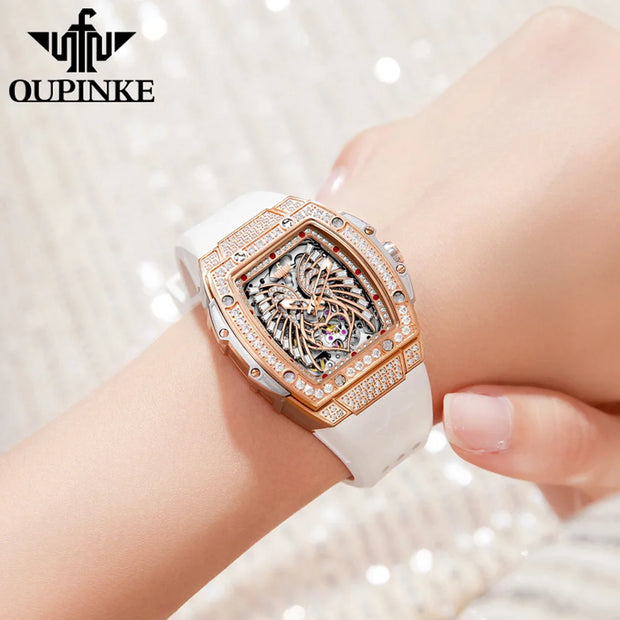 OUPINKE 3225 Luxury Business Mechanical Watch for Women Hollow Diamond Silicone Strap Waterproof Fashion Dress Clock