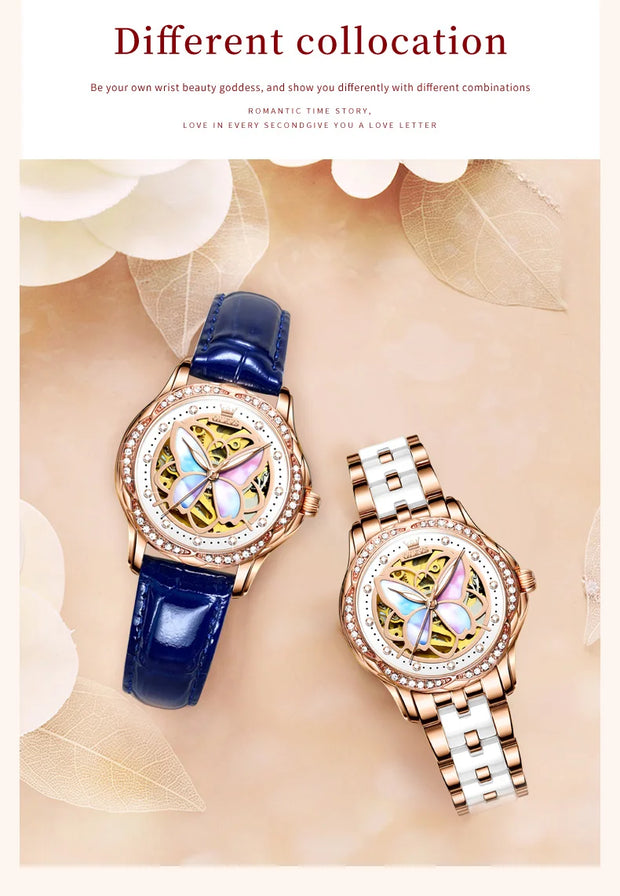 OLEVS Elegant Ladies Watch Butterfly Dial Design Waterproof Ceramic Strap Bracelet Set with Diamonds Ideal Gift