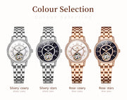 OLEVS 7036 Automatic Mechanical Wrist Watch for Women with Elegant Steel Strap Skeleton Starry Sky Diamond Bezel