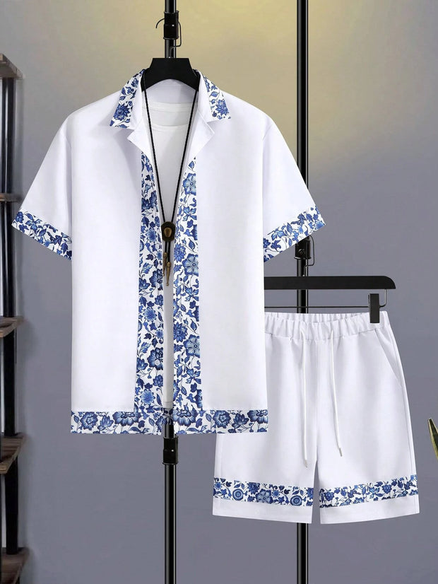 Summer Hawaiian Shirt Set Men Short Sleeve Shirt Set Fashion Design Pattern Print Fashion Lapel Button Top Shorts Men's New Set