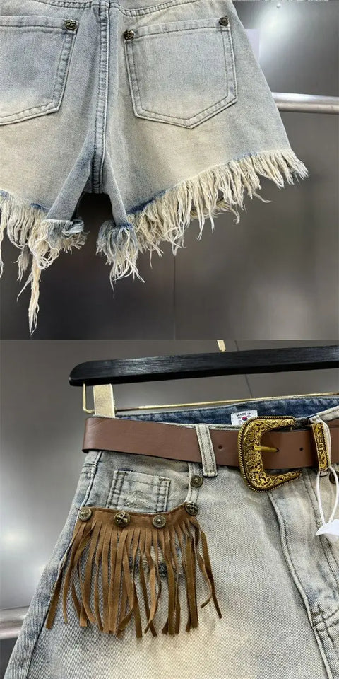 Hot girl fringe, frayed edge, ripped hole jeans, women's summer 2024 new retro slimming wide leg short pants