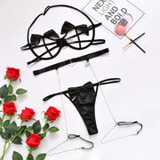 Hot Sexy Underwear 3-Piece Cutout Perspective Bra Set Women Bow Sexy Lingerie + Solid Thong Sets with Garters Sex Underwear Set