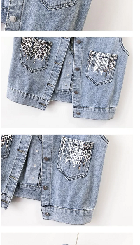 2024 Fashion Design Women's Denim Vest Sequins Waistcoat Korean Style Leeveless Jacket for Summer Autumn Season