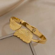 Greatera Chunky Leaf Stainless Steel Cuff Bracelet Bangles for Women Gold Plated Metal Leaves Bracelets Waterpfoof Jewelry