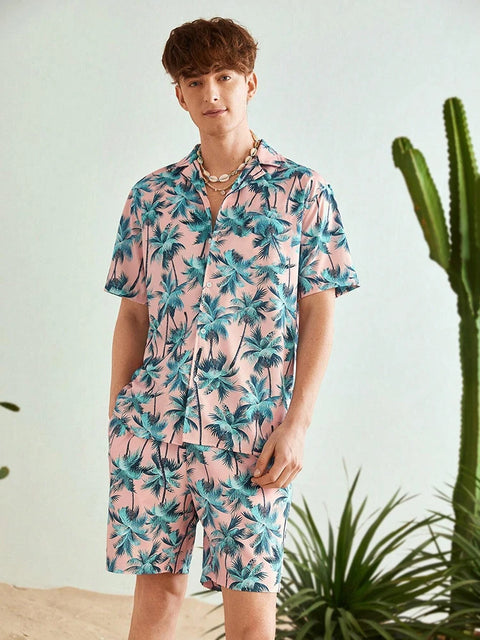 Casual Men's Short-Sleeved Shirt and Beach Shorts Set for Hawaiian Vacation Eye-Catching Design That Keeps Shorts Cool