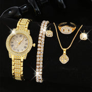 Luxury Women's Gold Quartz Watch Fashionable Diamond Wristwatch Set with Elegant Bracelet for Ladies